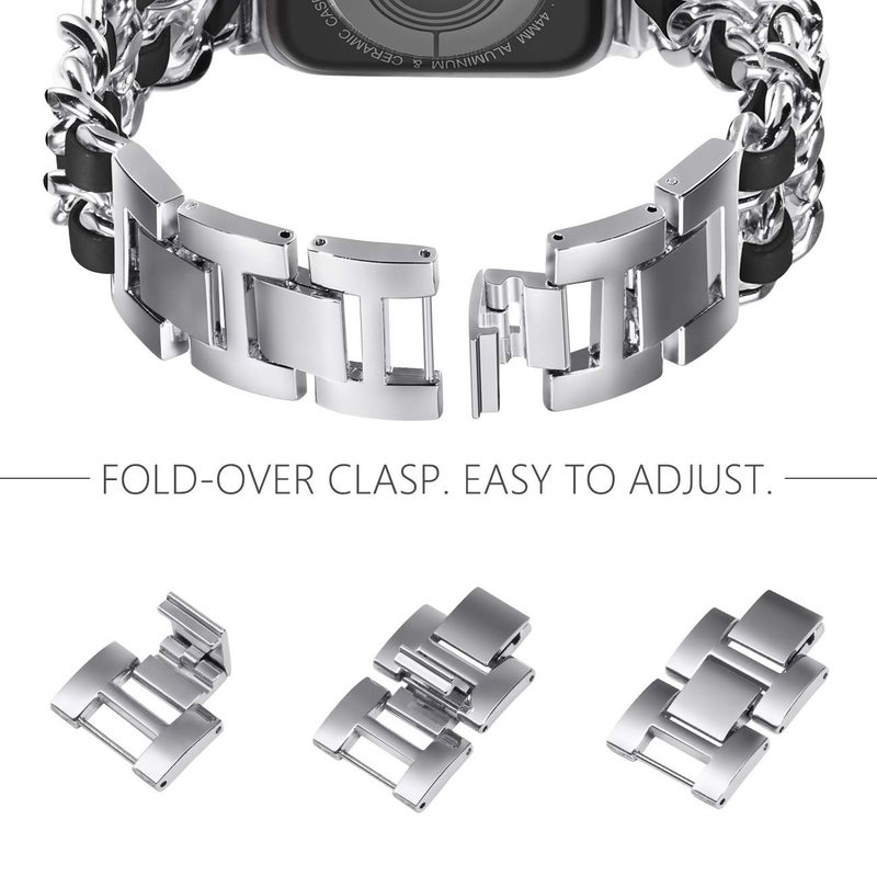 NewWays for Apple Watch Band Series 10 42mm 41mm 40mm 38mm Series9 8 7 SE 6 5 4 3, Jewelry Bracelet for iWatch Band for Women, Silver Link with Black Leather - Image 3